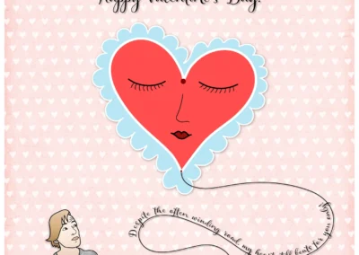 A valentines card design depicting big red heart in the middle and a guy looking at it from below with a string of words from his heart saying "I love you. Despite the often winding road, my heart still beats for you only!"