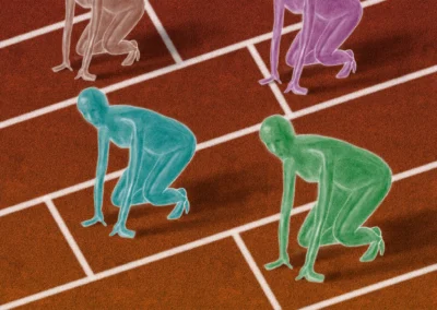 Digital painting of four alien runners in rubber suits on a dark orange track ready to take off