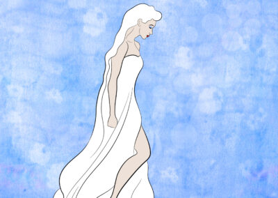 A stylized vector drawing of a floating woman in white dress on a blue background