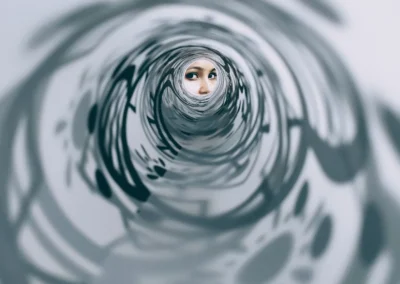 A portrait of a girl through a printout of a piece of vector art