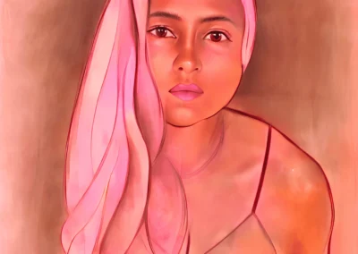 A painting rendered in rosy pink colors of a young Indian woman looking straight into the camera